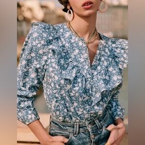 Sezane Angele Shirt Imprimé Fleurs Bicolores Bleues - Size 34